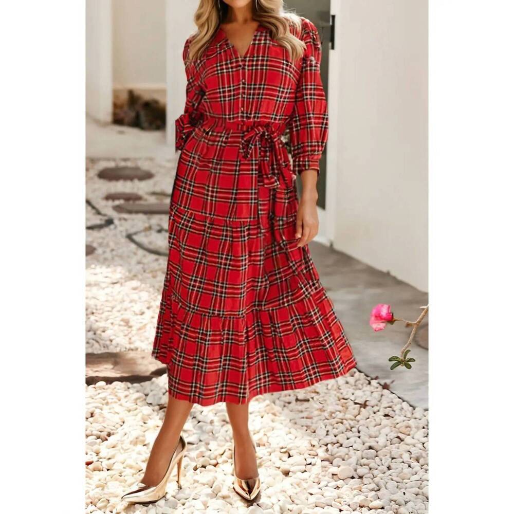 NEW LITTLE DAISY CLOSET plaid tie waist ruffle hem midi dress in red